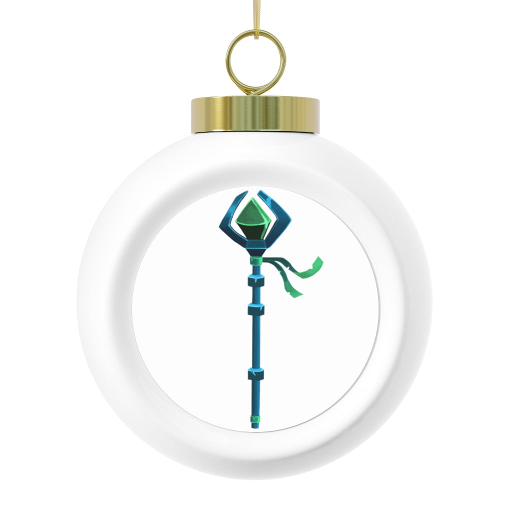 A beautiful 3-inch Blue Staff Christmas Ball Ornament with a glossy finish and gold ribbon, featuring a vintage design and customizable aluminum insert.