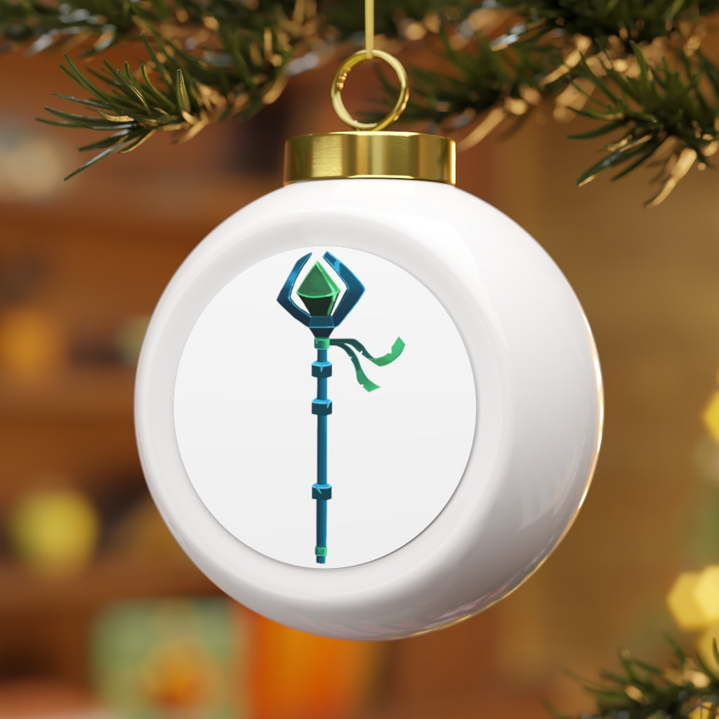 A beautiful 3-inch Blue Staff Christmas Ball Ornament with a glossy finish and gold ribbon, featuring a vintage design and customizable aluminum insert.