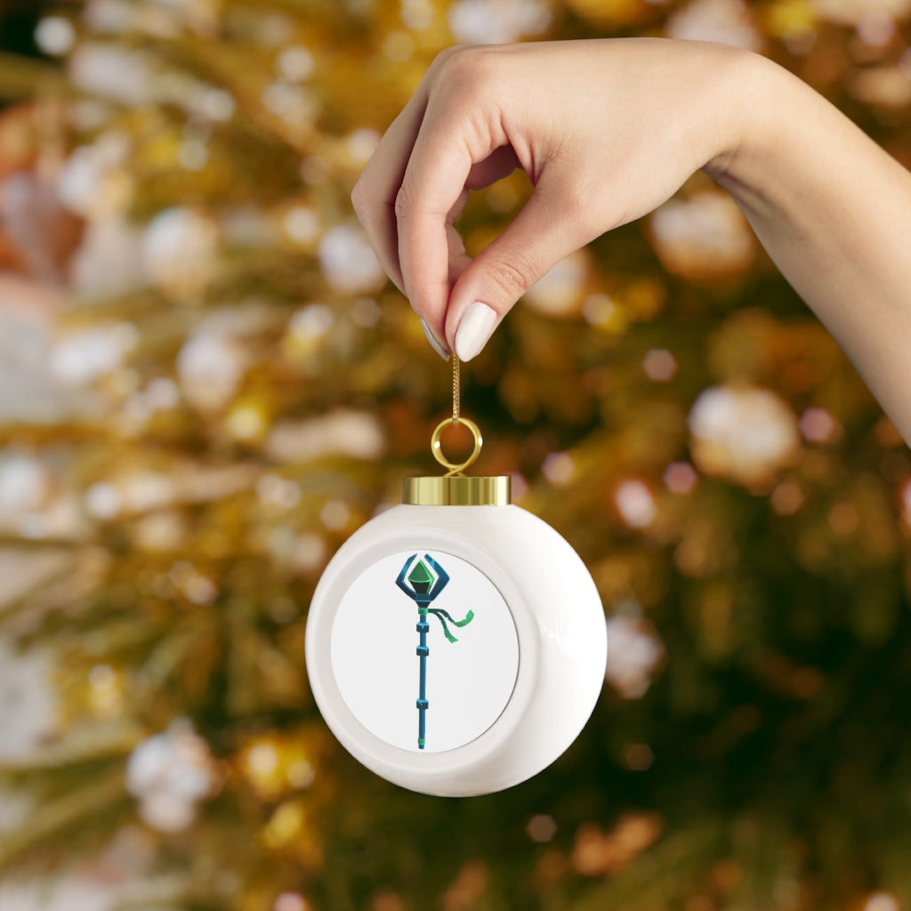 A beautiful 3-inch Blue Staff Christmas Ball Ornament with a glossy finish and gold ribbon, featuring a vintage design and customizable aluminum insert.