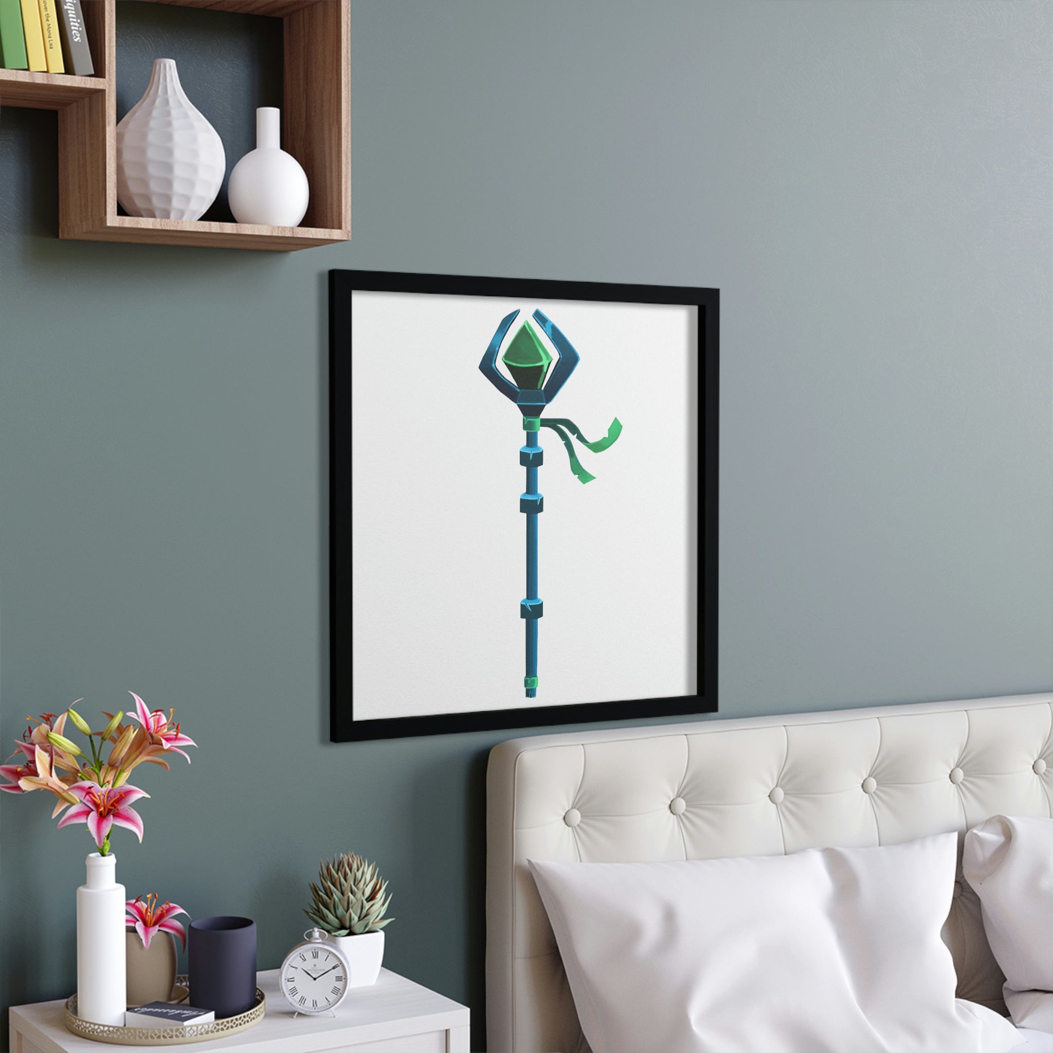 A beautifully framed Blue Staff poster with a hand-crafted wooden frame, showcasing vibrant colors and intricate details.