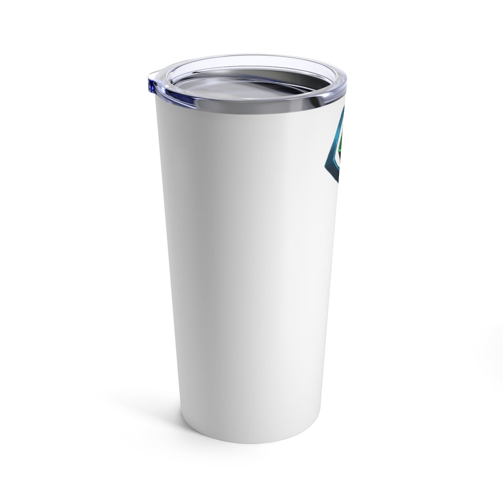 Blue Staff Tumbler 20oz made of stainless steel with a see-thru plastic lid, showcasing its sleek design and rounded corners.