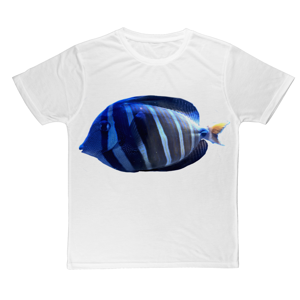 Blue Striped Fish Classic Sublimation Adult T-Shirt featuring a vibrant fish design on a soft polyester fabric.