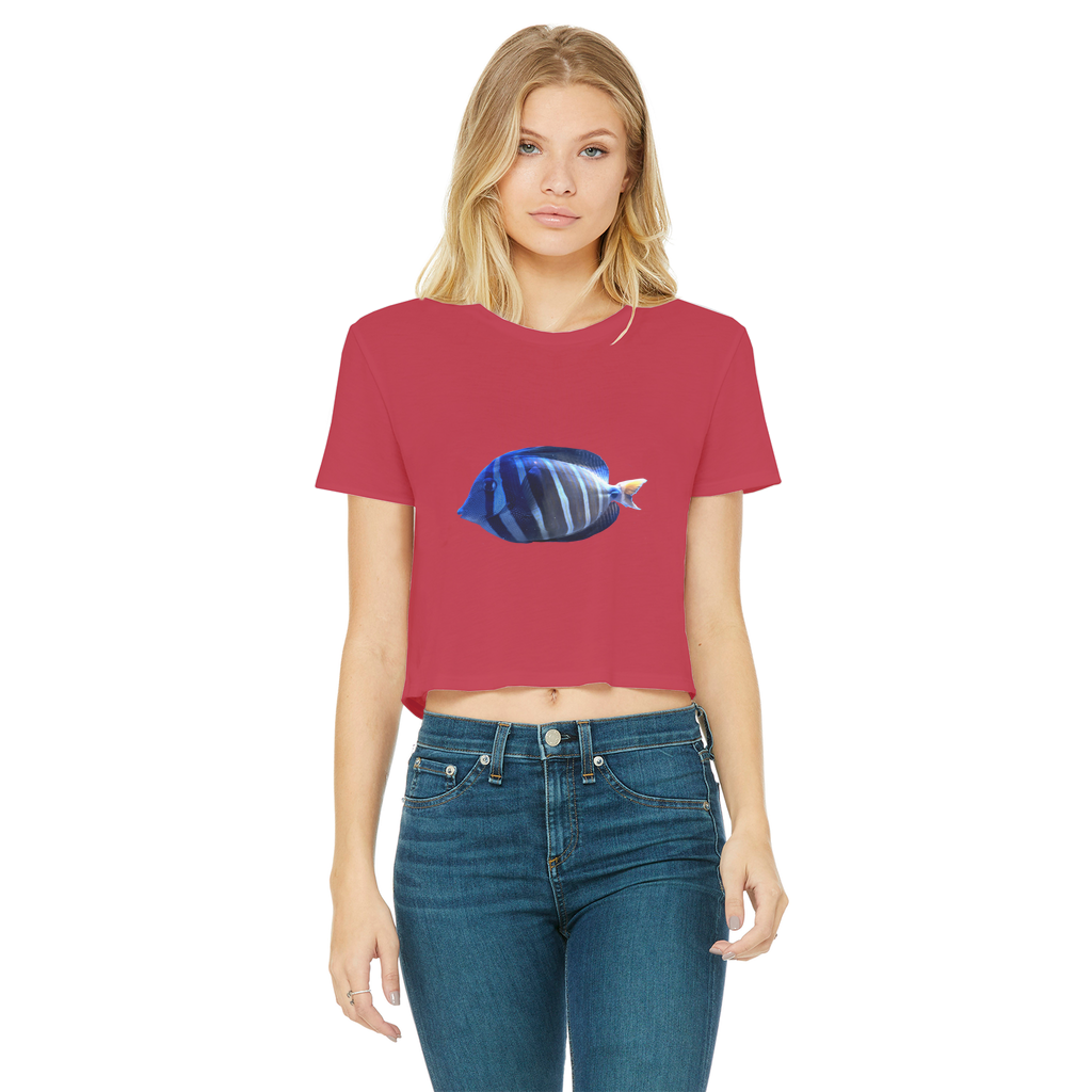 Blue Striped Fish Classic Women's Cropped Raw Edge T-Shirt featuring a round neck and short sleeves, made from soft cotton.