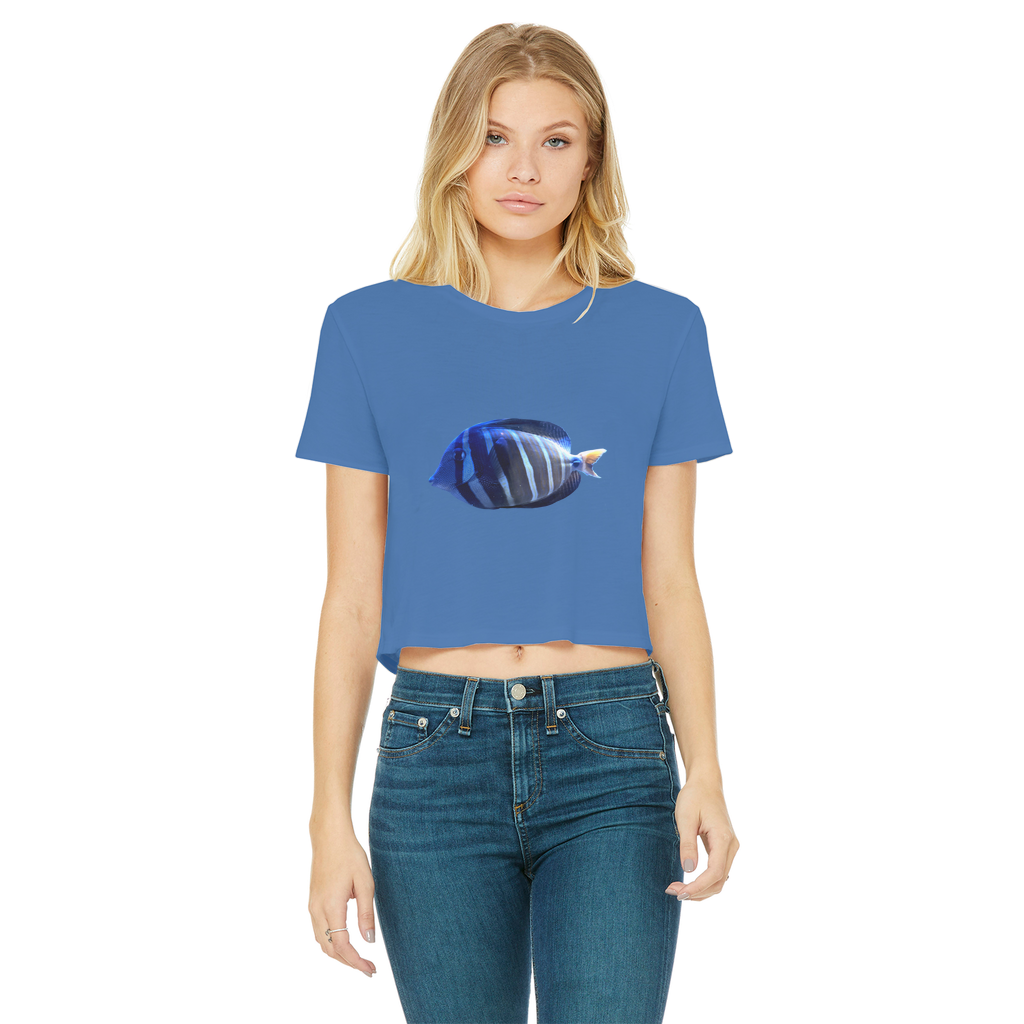 Blue Striped Fish Classic Women's Cropped Raw Edge T-Shirt featuring a round neck and short sleeves, made from soft cotton.