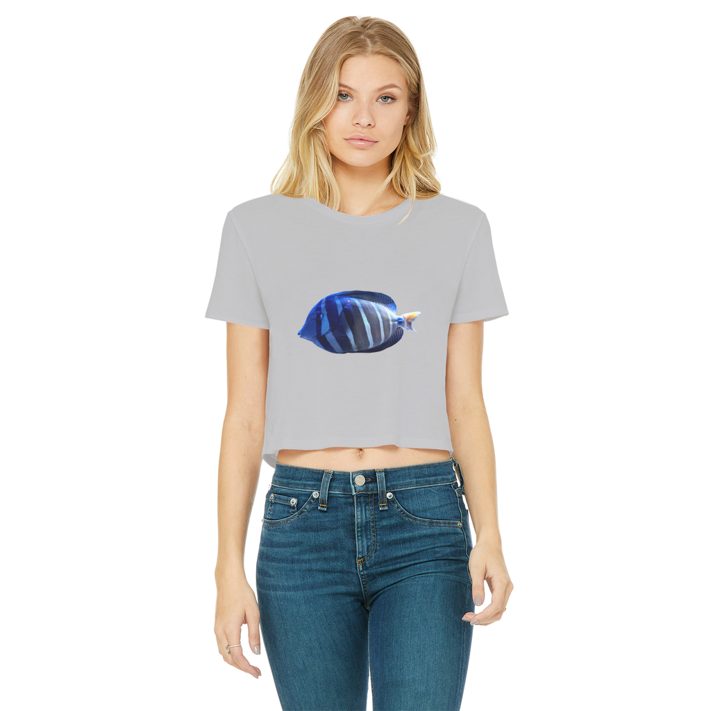 Blue Striped Fish Classic Women's Cropped Raw Edge T-Shirt featuring a round neck and short sleeves, made from soft cotton.