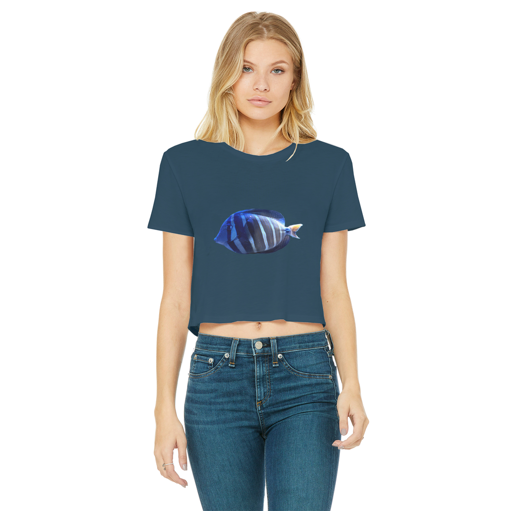 Blue Striped Fish Classic Women's Cropped Raw Edge T-Shirt featuring a round neck and short sleeves, made from soft cotton.