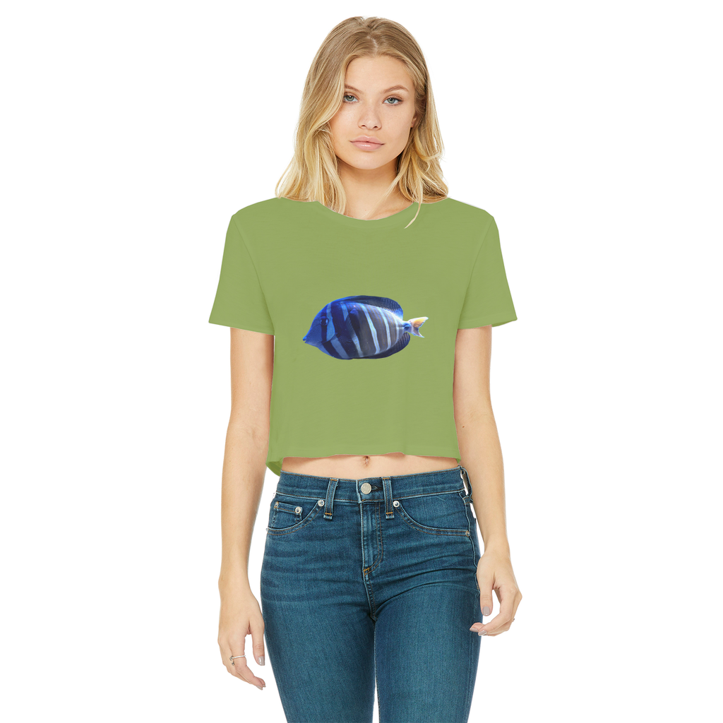 Blue Striped Fish Classic Women's Cropped Raw Edge T-Shirt featuring a round neck and short sleeves, made from soft cotton.