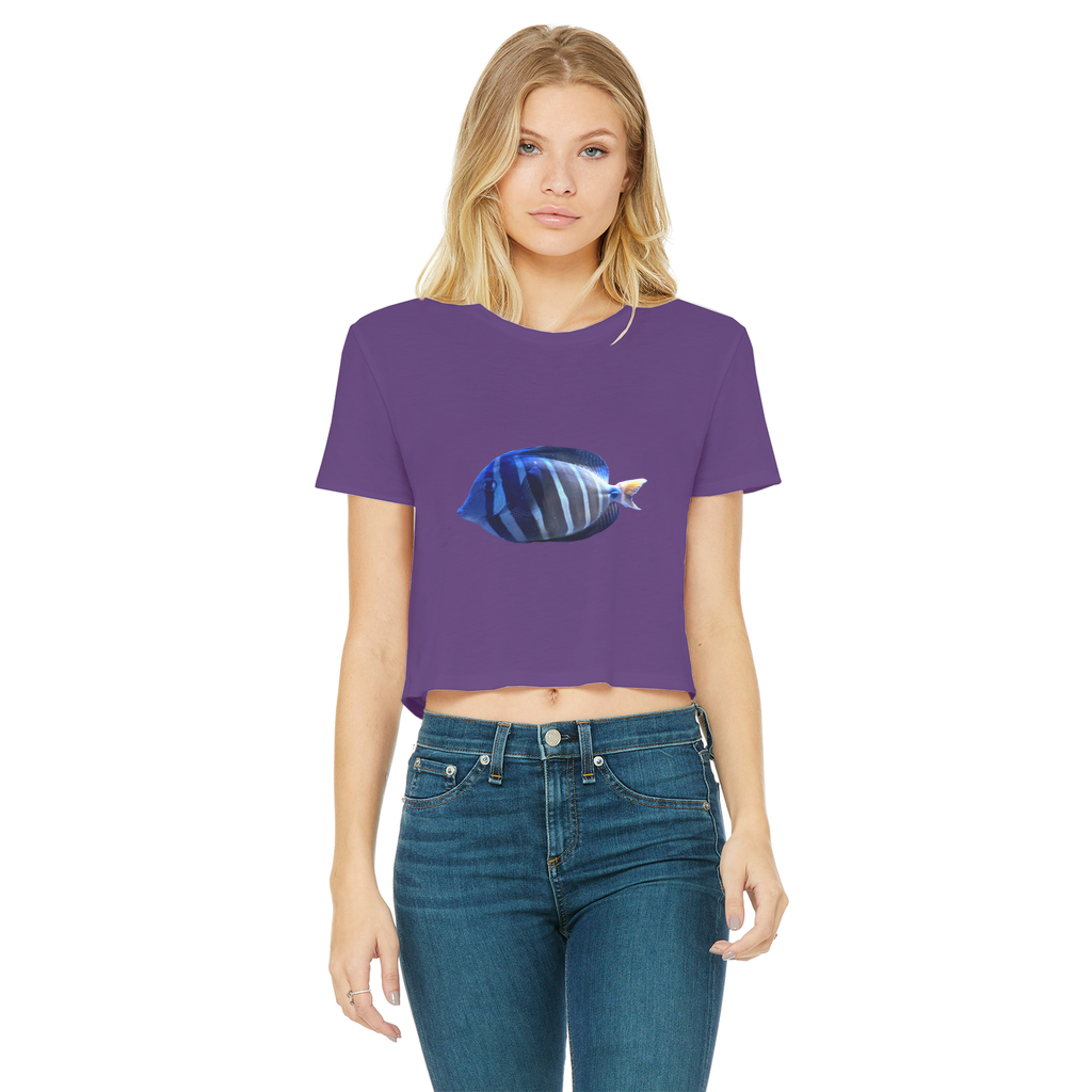 Blue Striped Fish Classic Women's Cropped Raw Edge T-Shirt featuring a round neck and short sleeves, made from soft cotton.