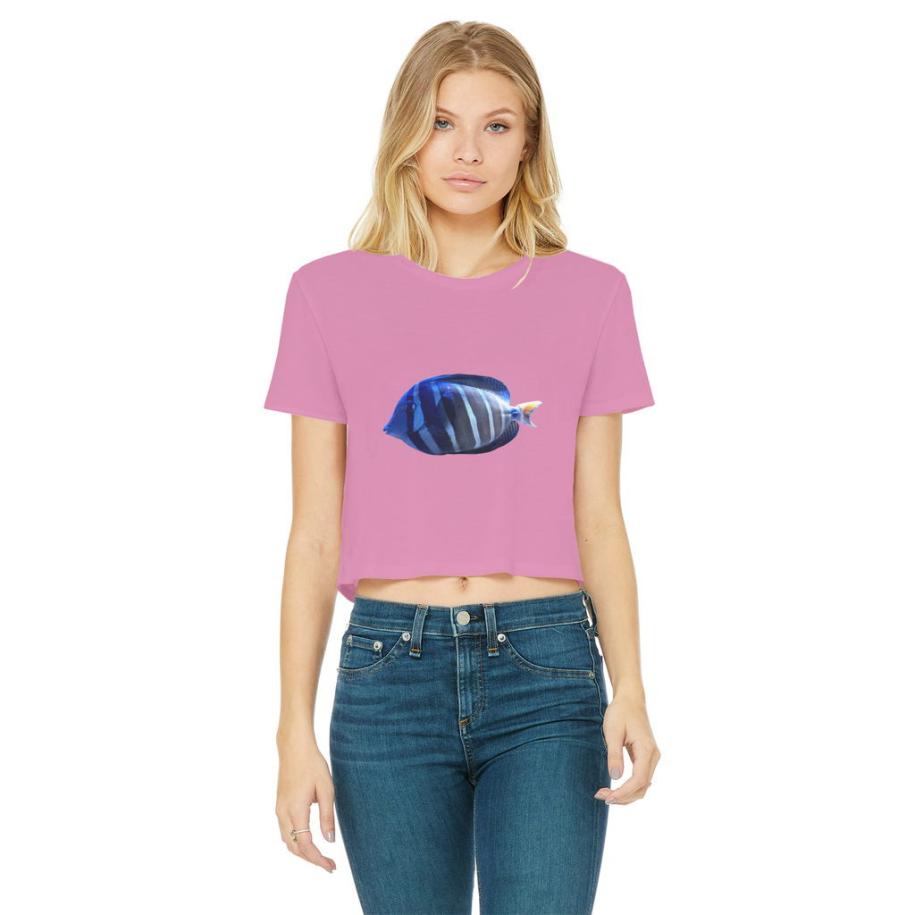 Blue Striped Fish Classic Women's Cropped Raw Edge T-Shirt featuring a round neck and short sleeves, made from soft cotton.