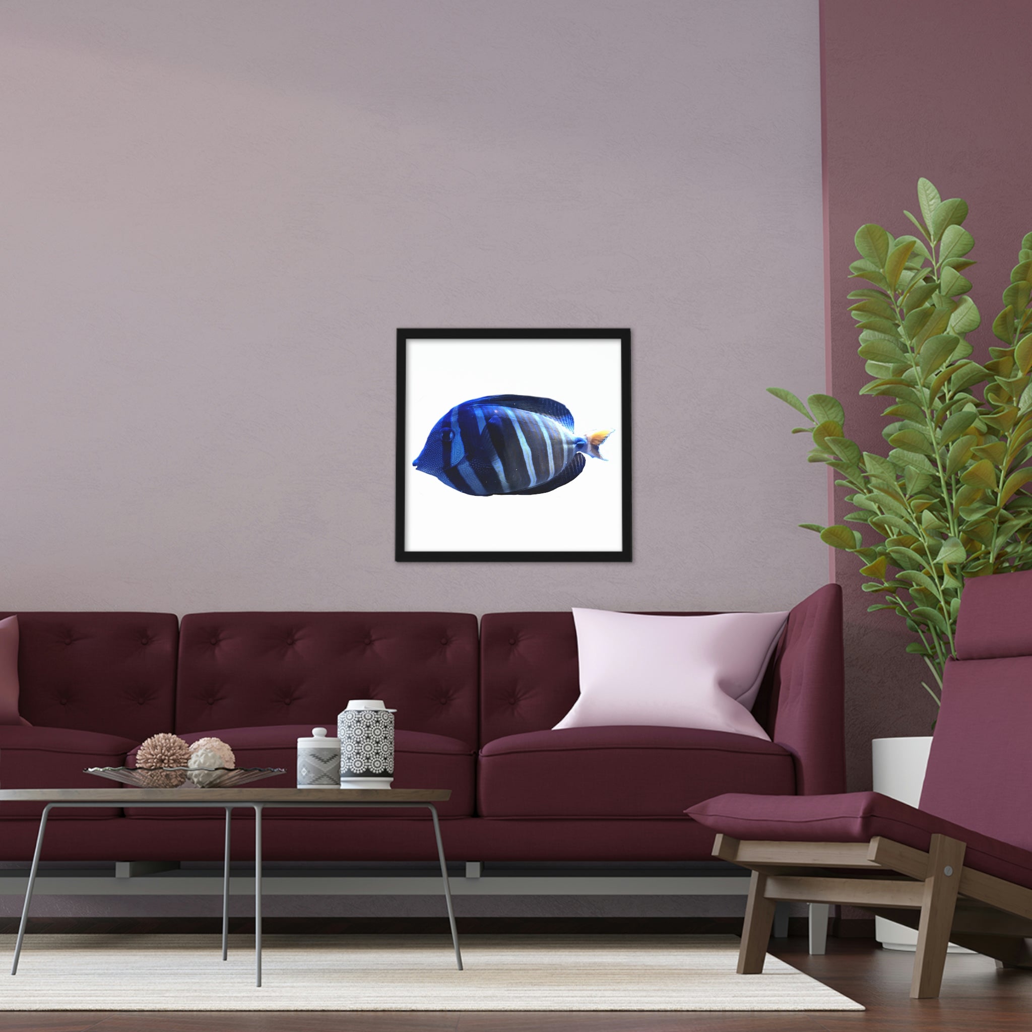 A beautifully framed poster featuring a blue striped fish, showcasing vibrant colors and a hand-crafted wooden frame.