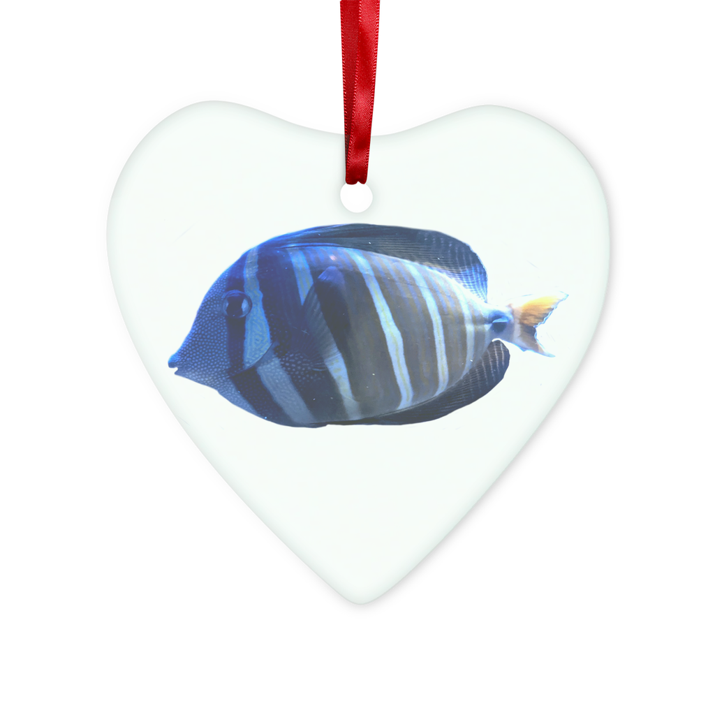 Blue striped fish glass hanging ornament with red ribbon and gold string, perfect for Christmas decoration.