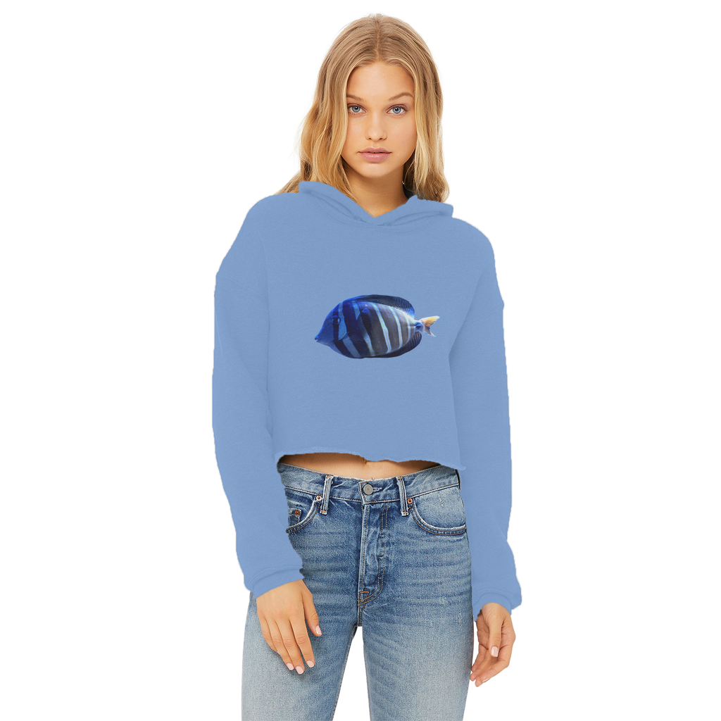 Blue Striped Fish Ladies Cropped Raw Edge Hoodie featuring a raw edge hem and double fabric hood, perfect for stylish comfort.