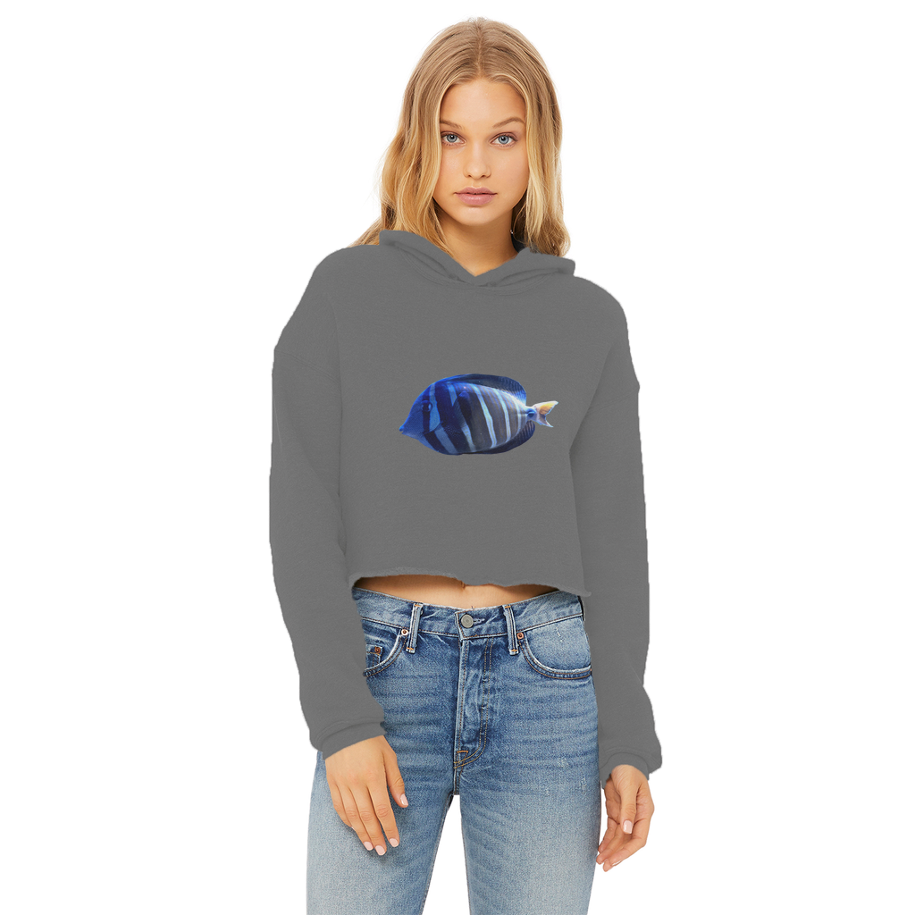 Blue Striped Fish Ladies Cropped Raw Edge Hoodie featuring a raw edge hem and double fabric hood, perfect for stylish comfort.