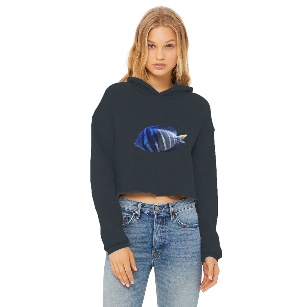 Blue Striped Fish Ladies Cropped Raw Edge Hoodie featuring a raw edge hem and double fabric hood, perfect for stylish comfort.