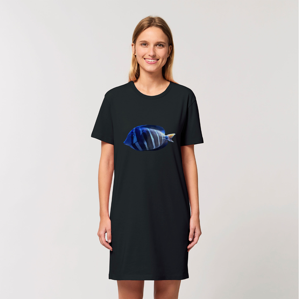 Blue Striped Fish Organic T-Shirt Dress made from 100% organic cotton, featuring a stylish striped design and comfortable fit.