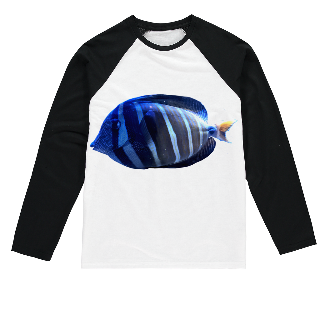 Blue Striped Fish Sublimation Baseball Long Sleeve T-Shirt featuring vibrant blue stripes and a comfortable fit.