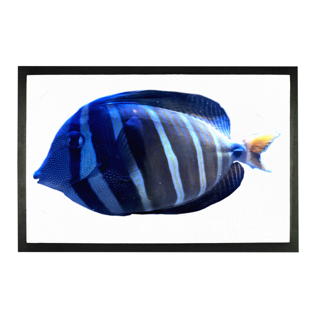 Blue Striped Fish Sublimation Doormat featuring a vibrant fish design on a durable rubber base, perfect for entryways.