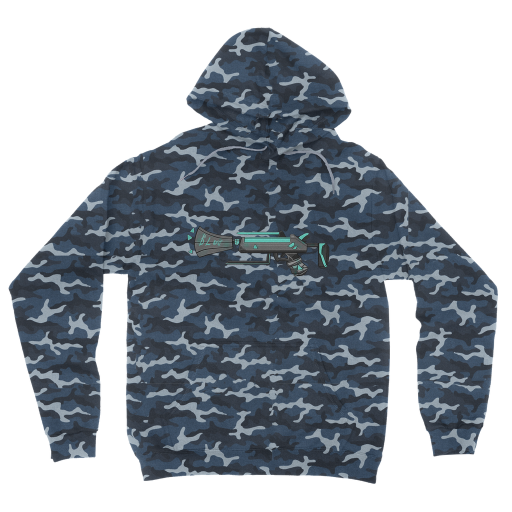 Blue Weapon Camouflage Adult Hoodie featuring an all-over camo design, flat lace drawcords, and a kangaroo pouch pocket.