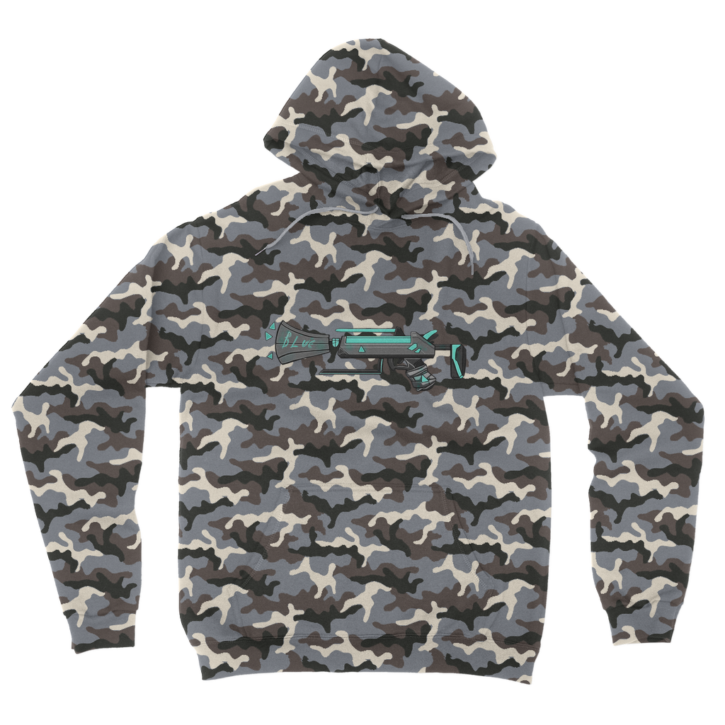 Blue Weapon Camouflage Adult Hoodie featuring an all-over camo design, flat lace drawcords, and a kangaroo pouch pocket.