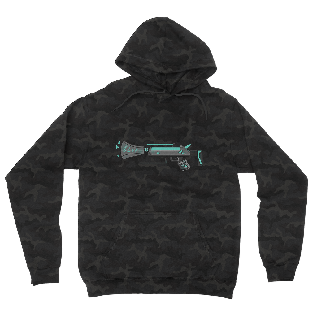 Blue Weapon Camouflage Adult Hoodie featuring an all-over camo design, flat lace drawcords, and a kangaroo pouch pocket.