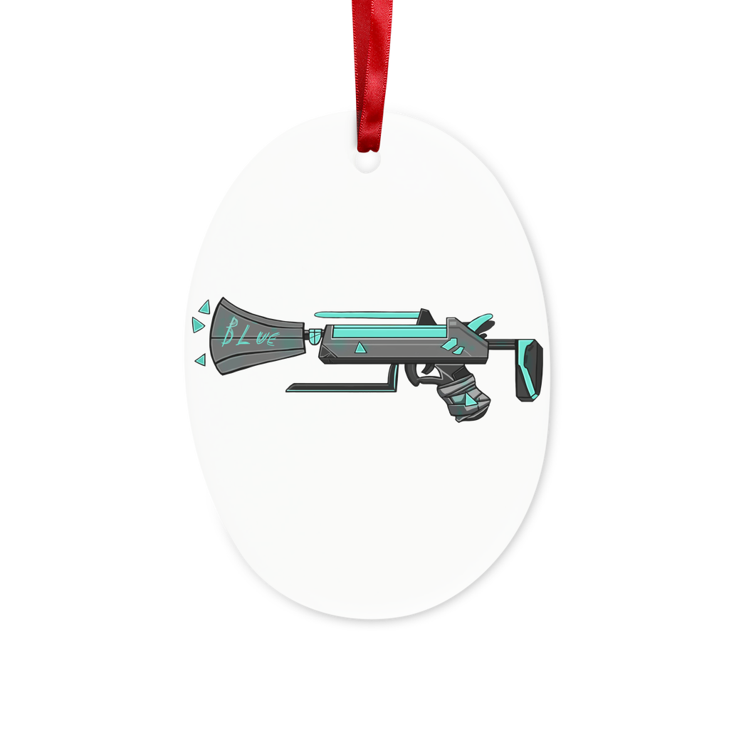 Blue Weapon Ceramic Hanging Ornament with red ribbon and gold string, perfect for Christmas tree or wall decoration.