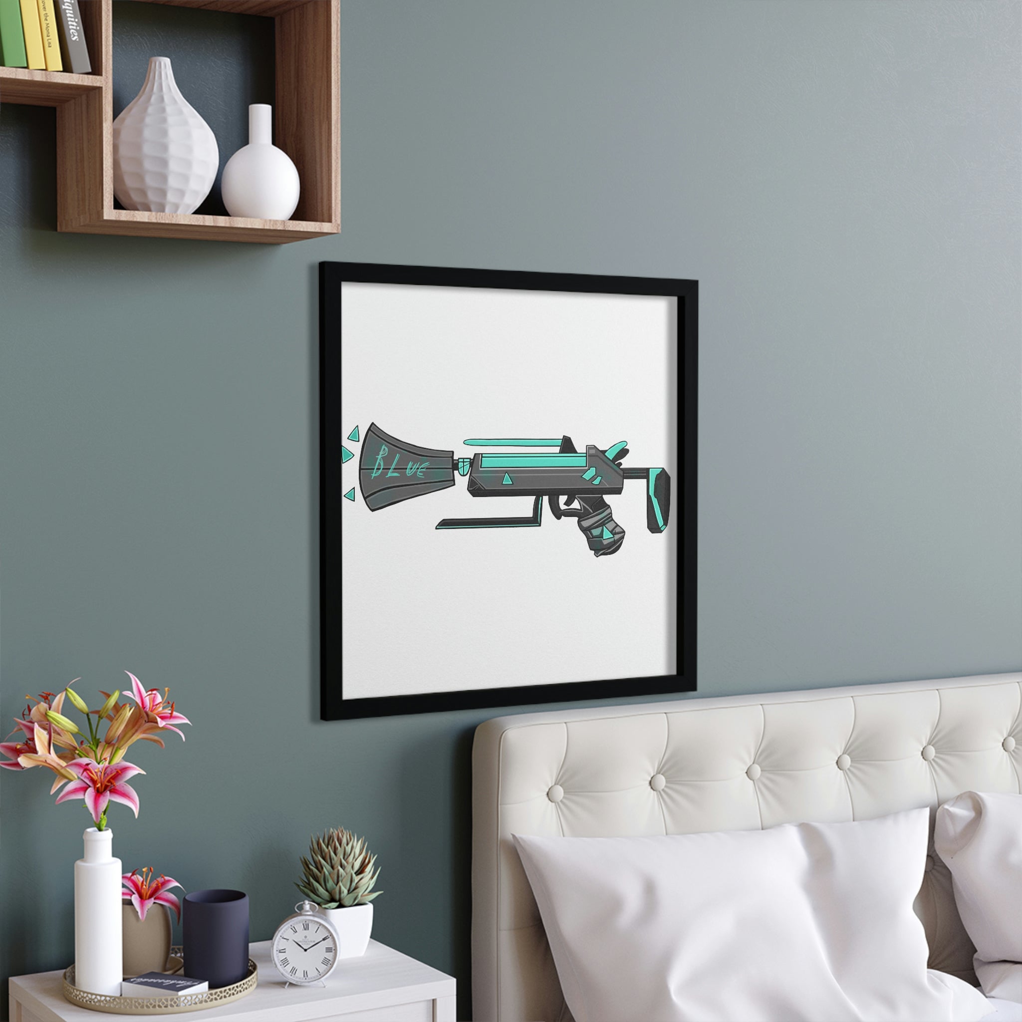 A beautifully framed Blue Weapon poster showcasing vibrant colors and a handcrafted wooden frame, perfect for home decor.