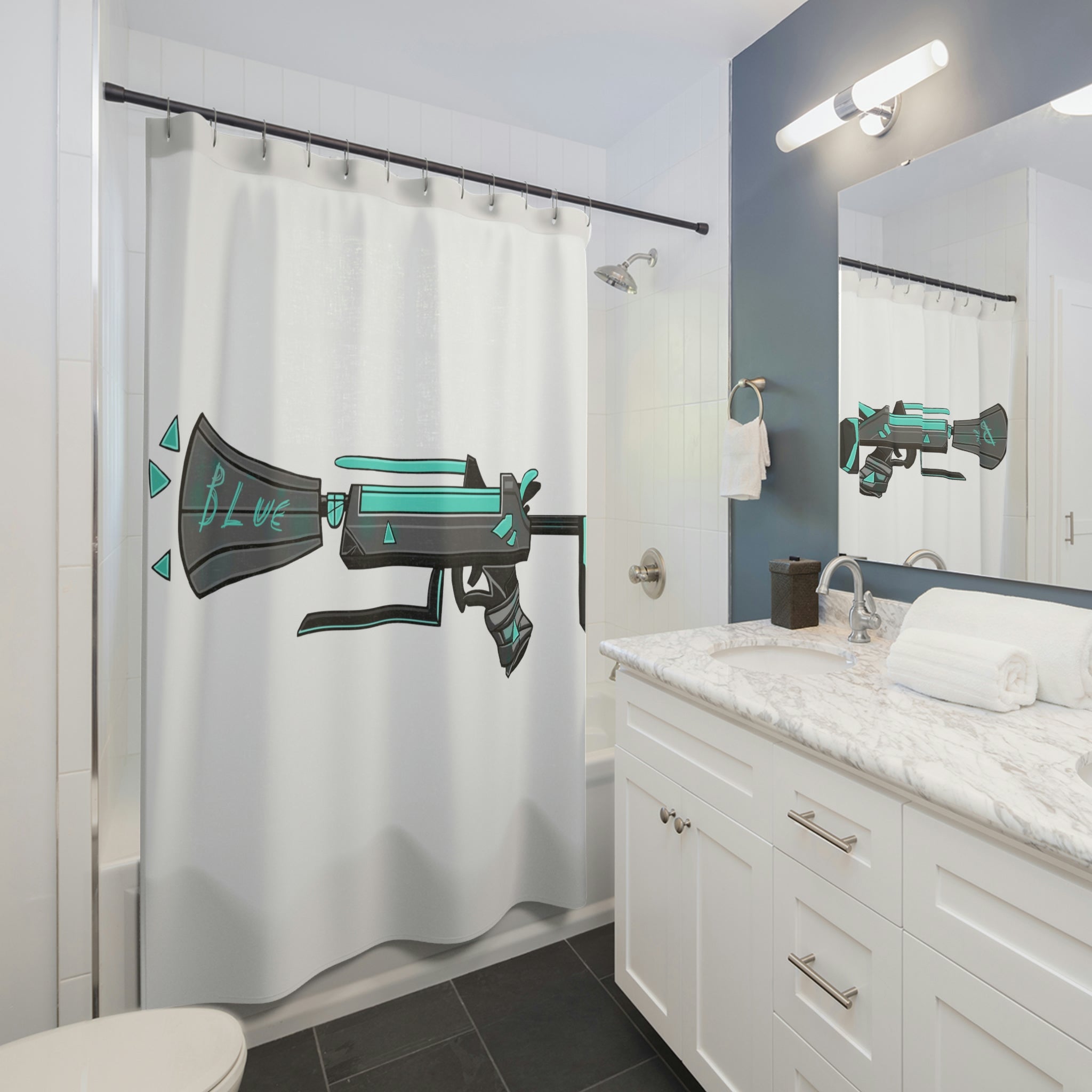 Blue Weapon Shower Curtain featuring a vibrant design on durable polyester fabric, perfect for adding style to any bathroom.