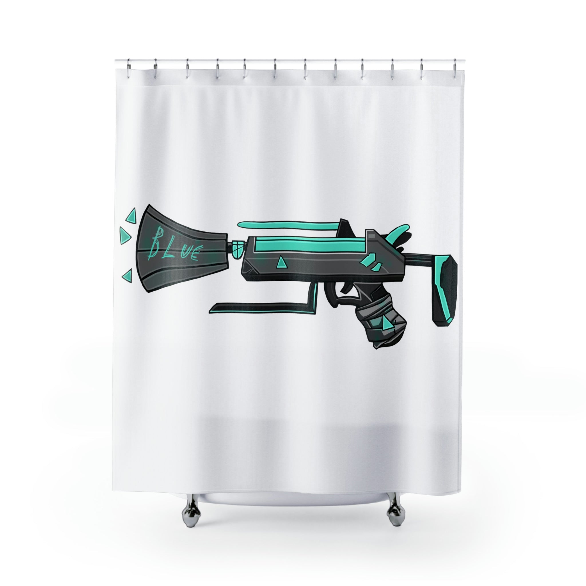 Blue Weapon Shower Curtain featuring a vibrant design on durable polyester fabric, perfect for adding style to any bathroom.