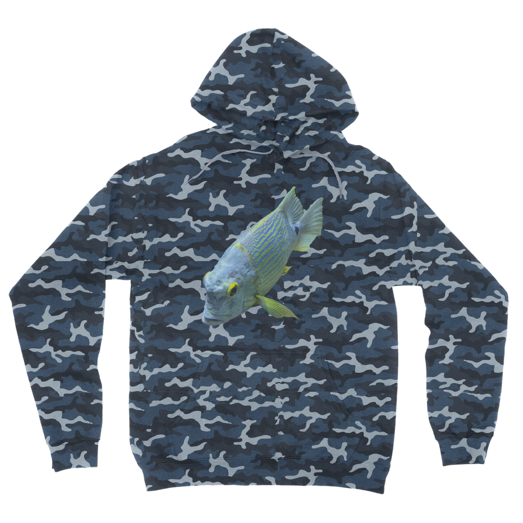 Blue Yellow Fish Camouflage Adult Hoodie featuring a vibrant camouflage pattern, double fabric hood, and kangaroo pouch pocket.