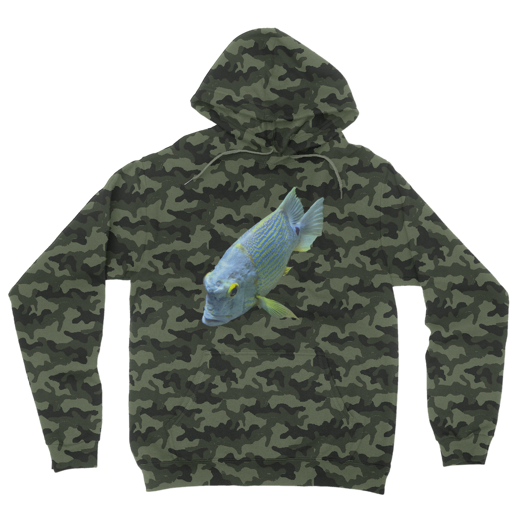 Blue Yellow Fish Camouflage Adult Hoodie featuring a vibrant camouflage pattern, double fabric hood, and kangaroo pouch pocket.