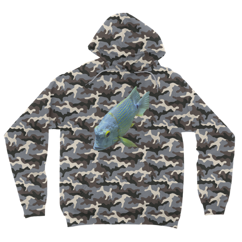 Blue Yellow Fish Camouflage Adult Hoodie featuring a vibrant camouflage pattern, double fabric hood, and kangaroo pouch pocket.