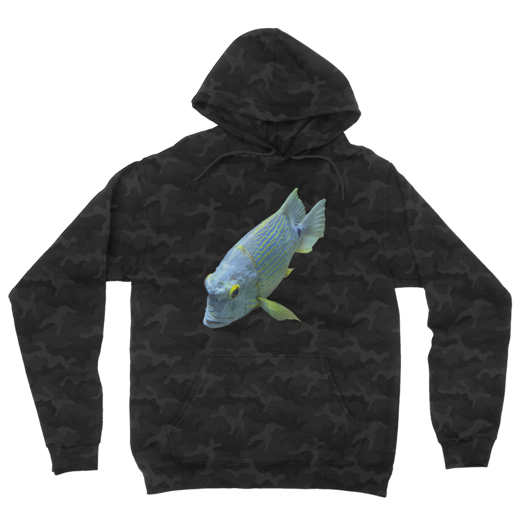 Blue Yellow Fish Camouflage Adult Hoodie featuring a vibrant camouflage pattern, double fabric hood, and kangaroo pouch pocket.