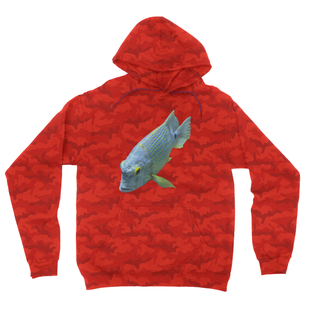 Blue Yellow Fish Camouflage Adult Hoodie featuring a vibrant camouflage pattern, double fabric hood, and kangaroo pouch pocket.