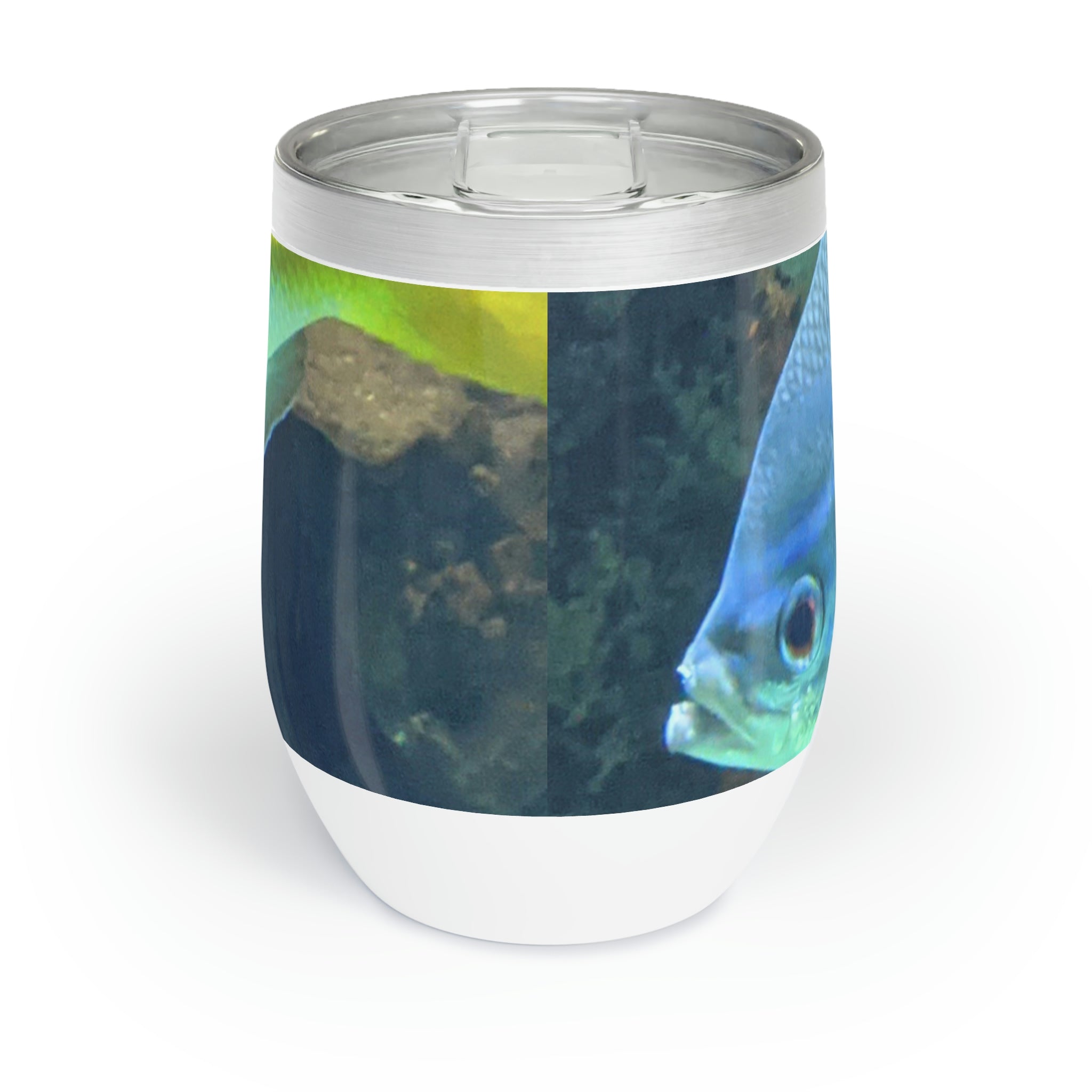 Blue Yellow Fish Chill Wine Tumbler with vibrant colors and stainless steel design, perfect for wine lovers.