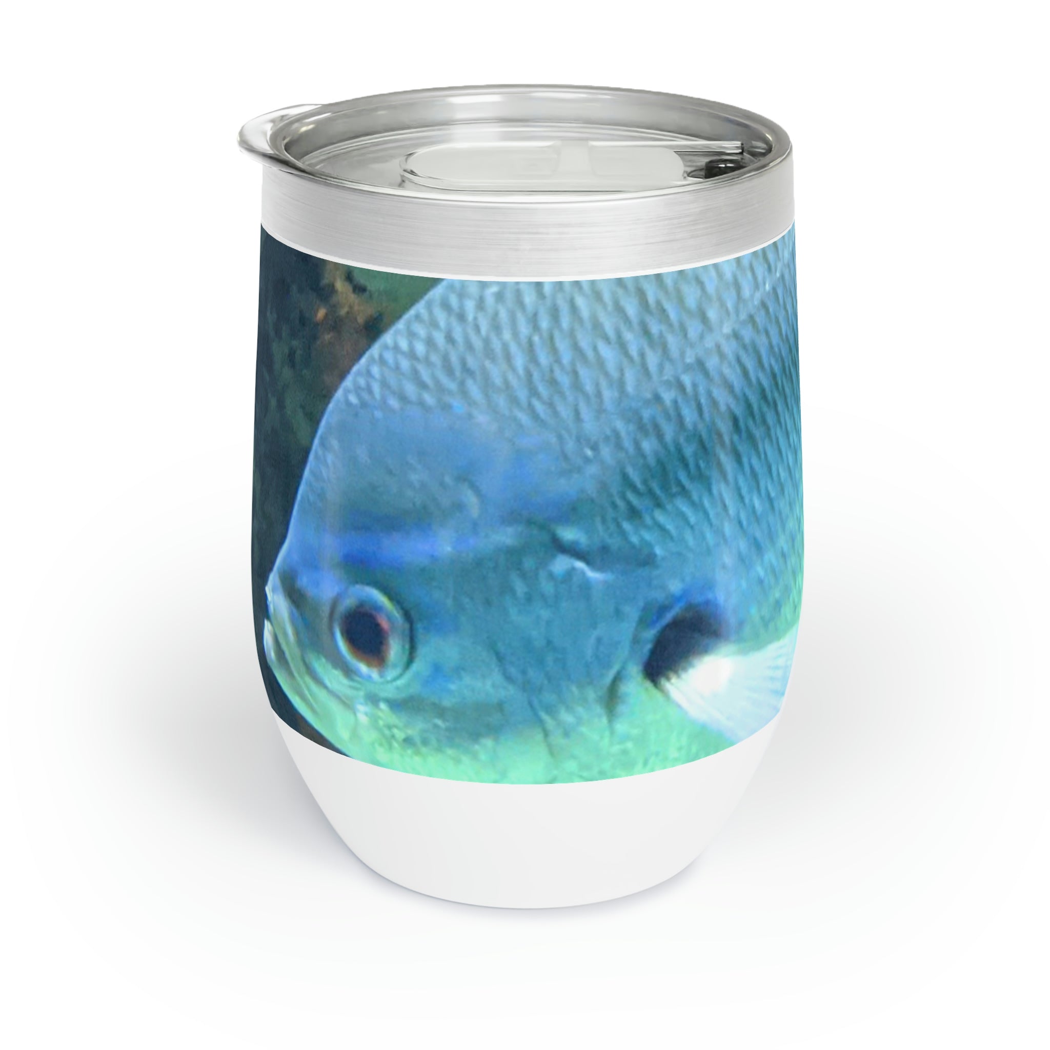 Blue Yellow Fish Chill Wine Tumbler with vibrant colors and stainless steel design, perfect for wine lovers.