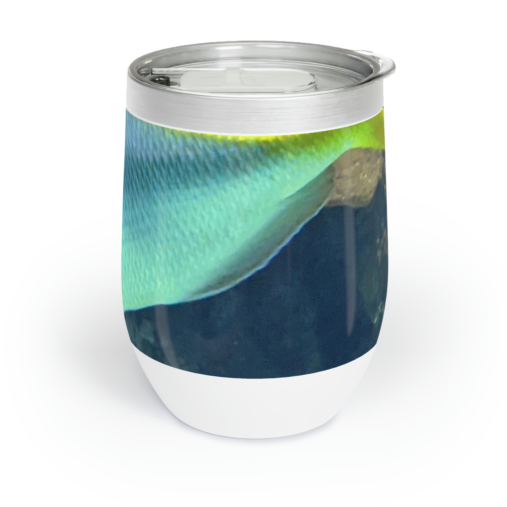 Blue Yellow Fish Chill Wine Tumbler with vibrant colors and stainless steel design, perfect for wine lovers.