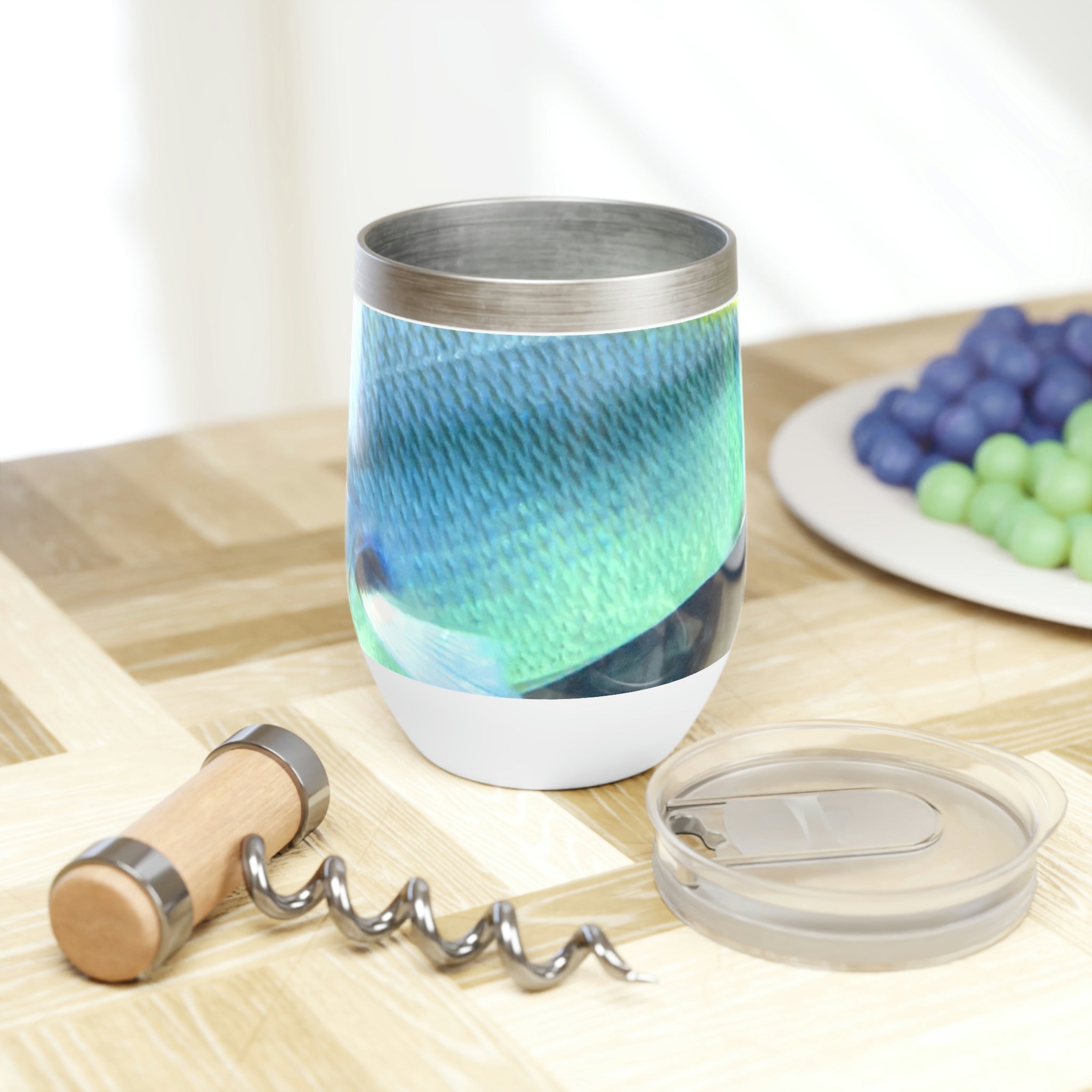 Blue Yellow Fish Chill Wine Tumbler with vibrant colors and stainless steel design, perfect for wine lovers.