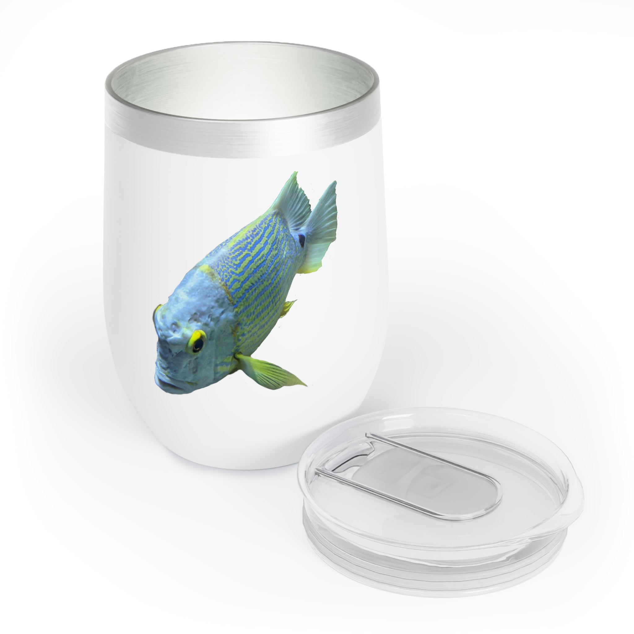 Blue Yellow Fish Chill Wine Tumbler with double-insulated walls and a vibrant design, perfect for wine lovers.