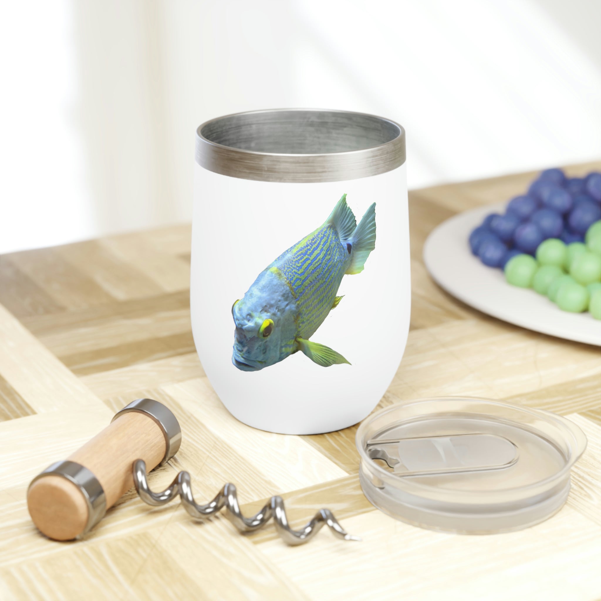 Blue Yellow Fish Chill Wine Tumbler with double-insulated walls and a vibrant design, perfect for wine lovers.