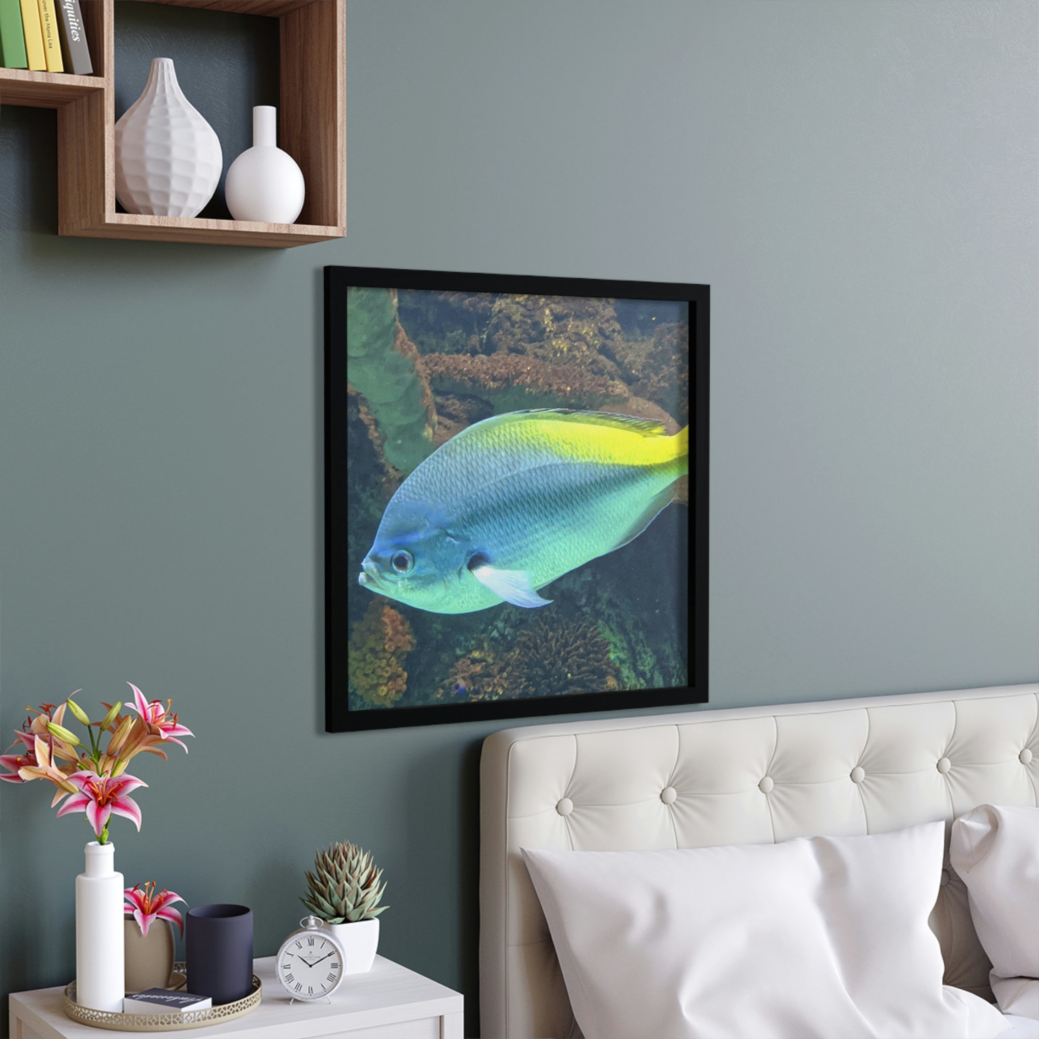 A vibrant Blue Yellow Fish Framed Poster showcasing a colorful fish design in a hand-crafted wooden frame, ready for hanging.