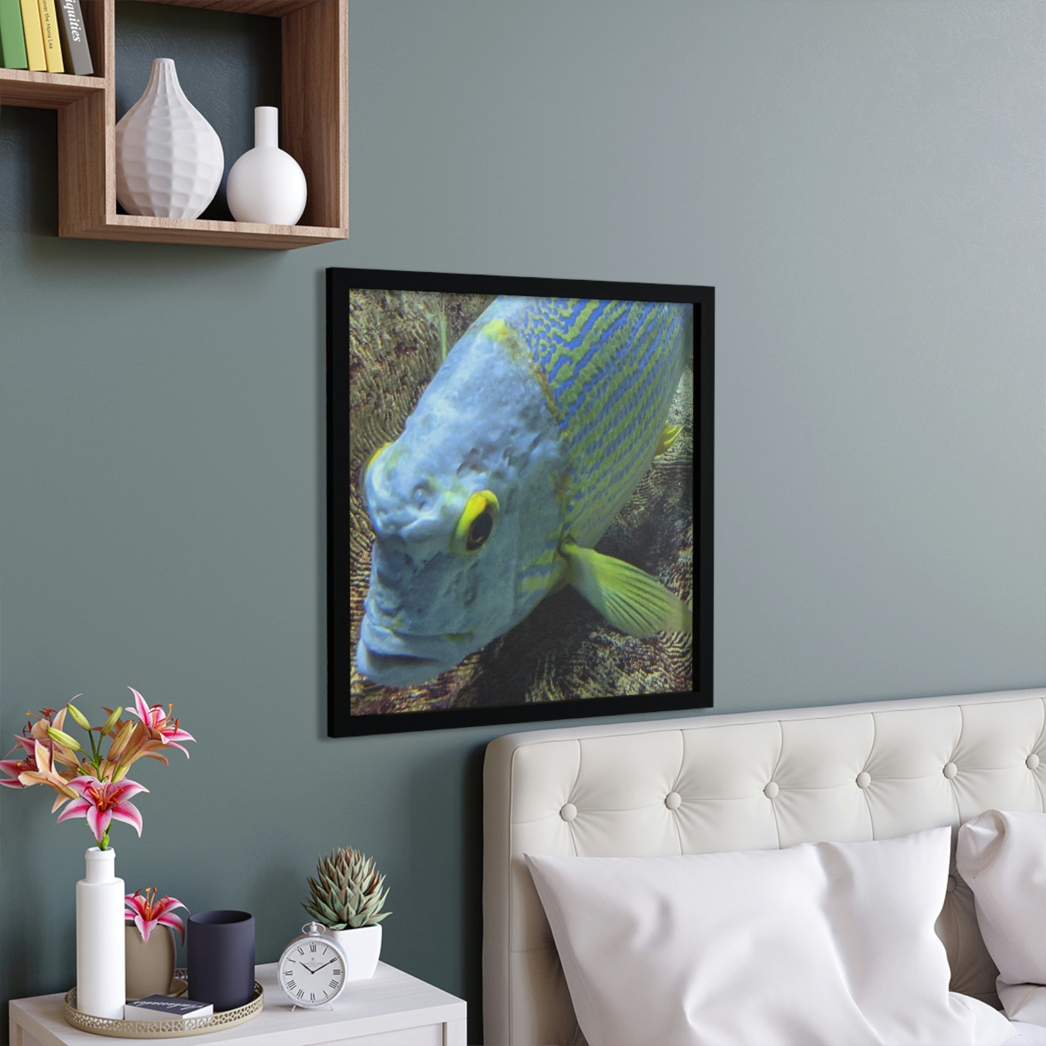 A vibrant Blue Yellow Fish Framed Poster featuring a hand-crafted wooden frame, perfect for home decor.