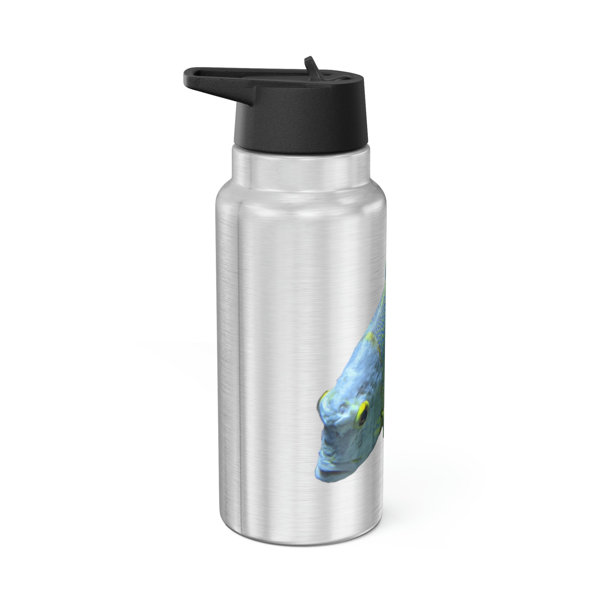 Blue Yellow Fish Gator Tumbler, 32oz, featuring a vibrant design and stainless steel construction, includes a plastic straw.