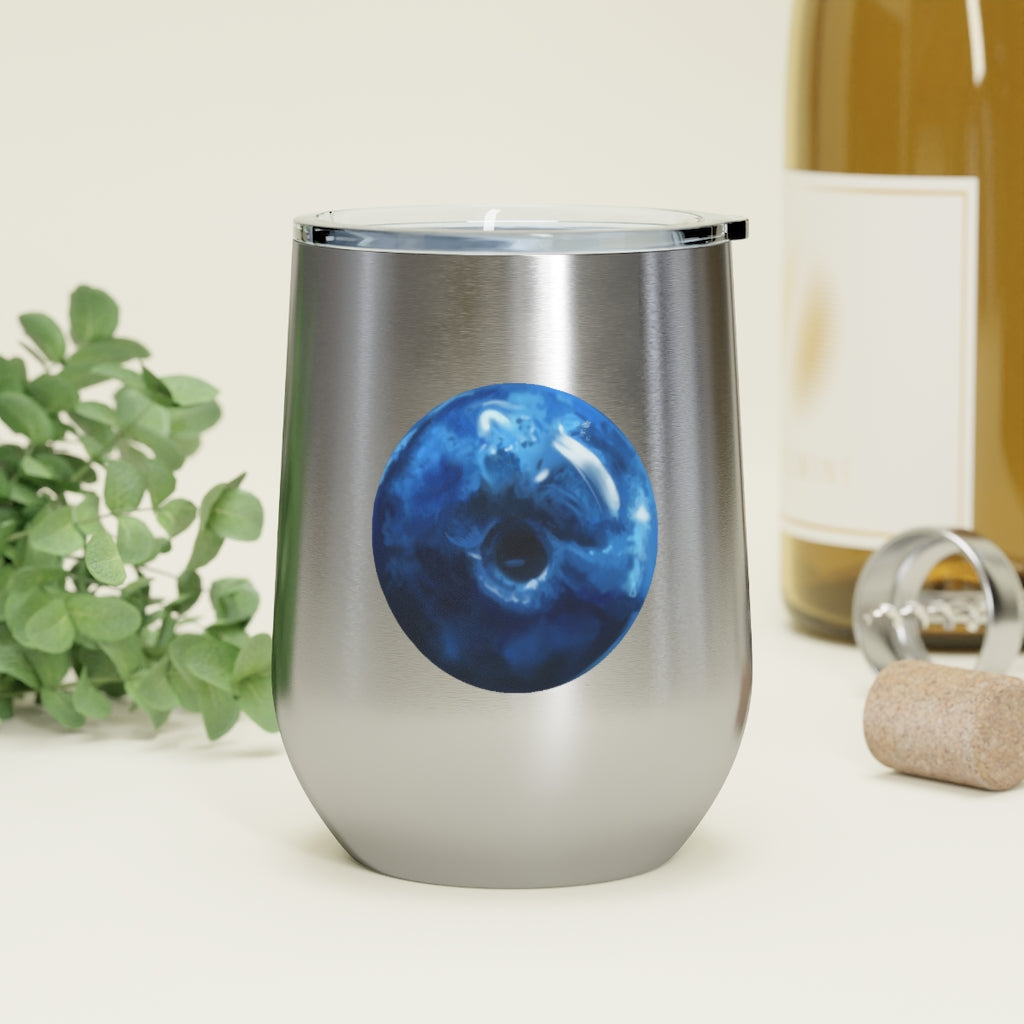 Blueberry 12oz insulated wine tumbler with a clear lid, showcasing a stylish design suitable for hot and cold beverages.