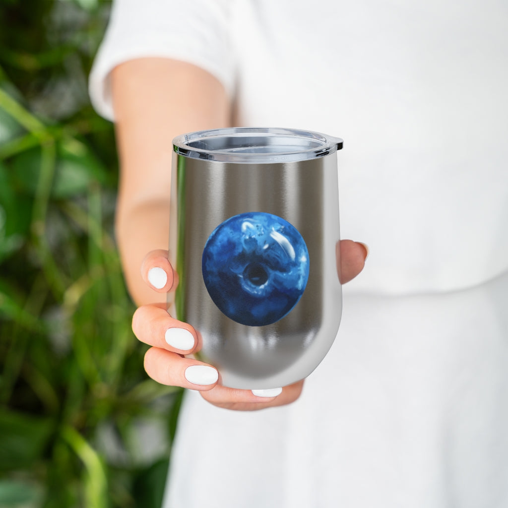 Blueberry 12oz insulated wine tumbler with a clear lid, showcasing a stylish design suitable for hot and cold beverages.