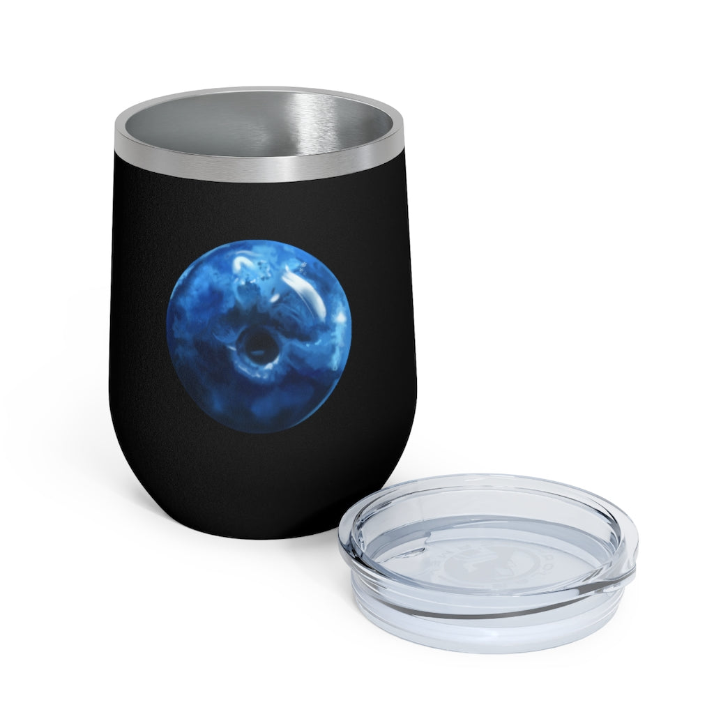 Blueberry 12oz insulated wine tumbler with a clear lid, showcasing a stylish design suitable for hot and cold beverages.