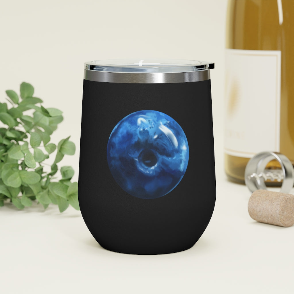 Blueberry 12oz insulated wine tumbler with a clear lid, showcasing a stylish design suitable for hot and cold beverages.