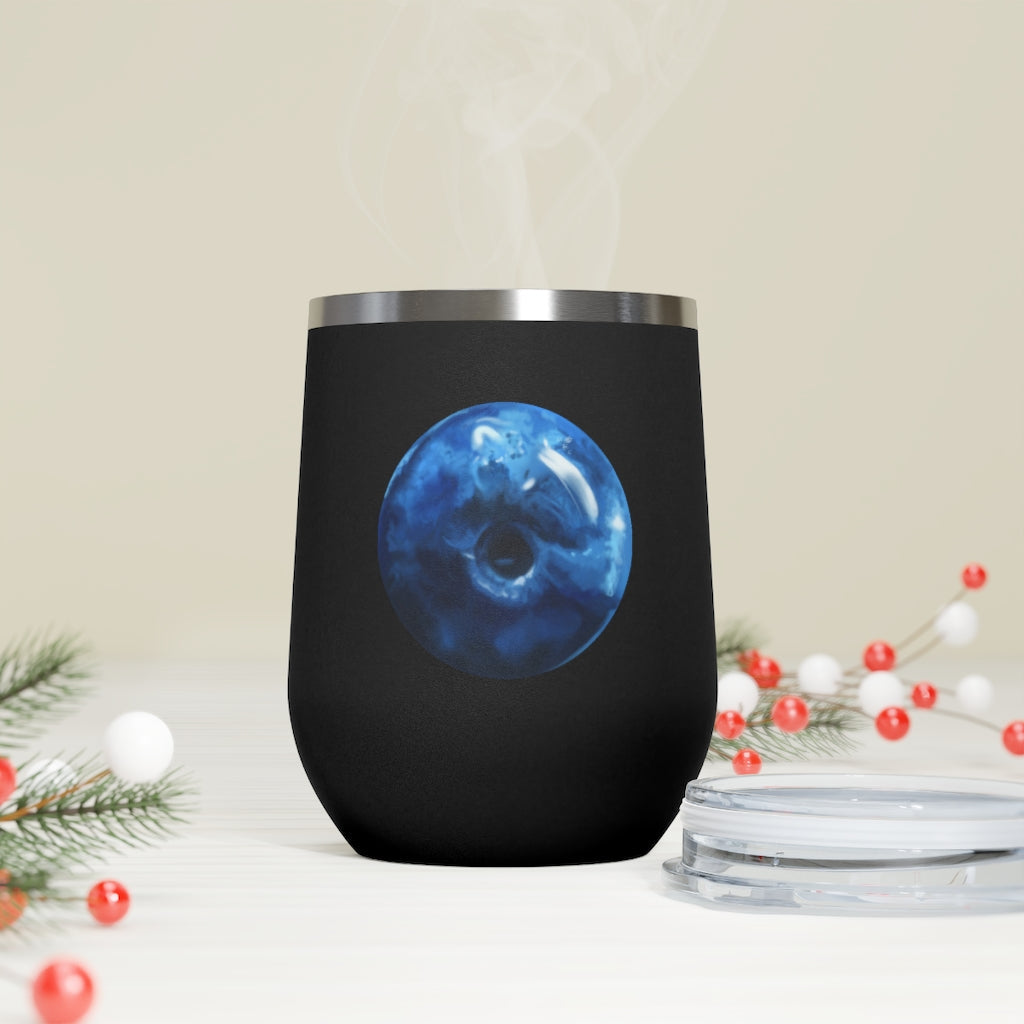 Blueberry 12oz insulated wine tumbler with a clear lid, showcasing a stylish design suitable for hot and cold beverages.