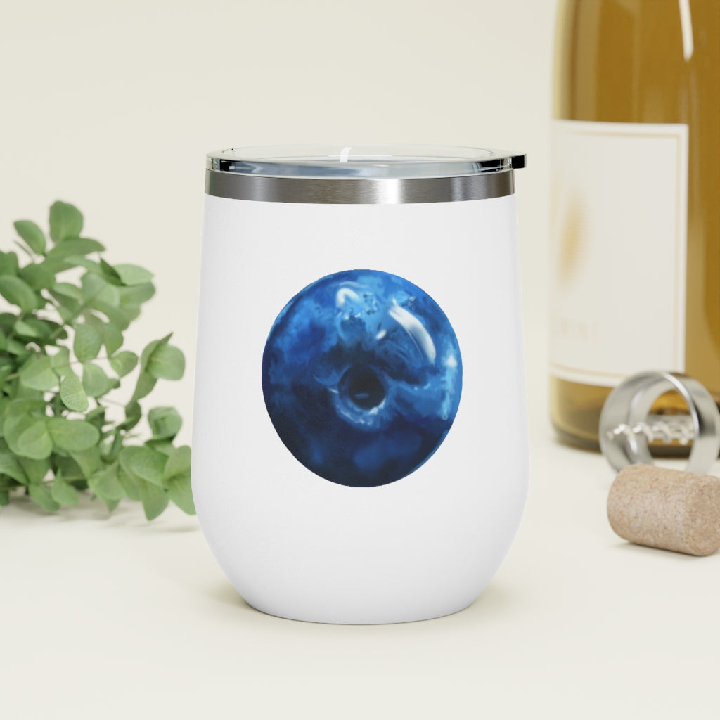 Blueberry 12oz insulated wine tumbler with a clear lid, showcasing a stylish design suitable for hot and cold beverages.