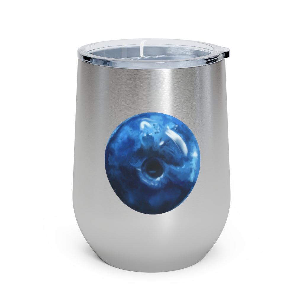 Blueberry 12oz insulated wine tumbler with a clear lid, showcasing a stylish design suitable for hot and cold beverages.