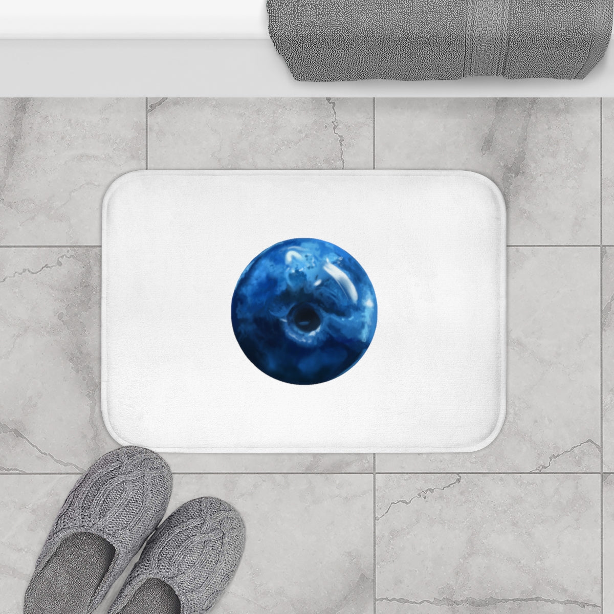 Blueberry Bath Mat with anti-slip backing and soft microfiber material, featuring a vibrant blueberry design.